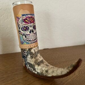 Decorative Leather & Snakeskin Horntequila shot glass. with Colorful Sugar SKULL